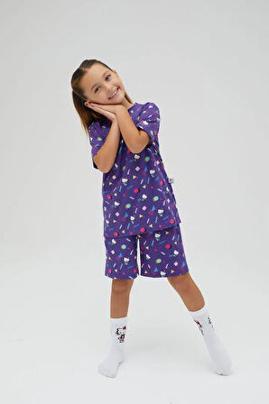 Kız Çocuk Kısa Kollu Şortlu Pamuklu Pijama Takımı