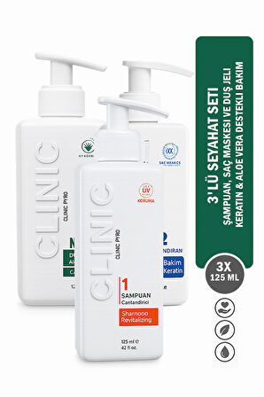 3'lü Seyahat Seti – Şampuan, Saç Maskesi Ve Duş Jeli | Keratin & Aloe Vera Destekli Bakım 3x125 ml