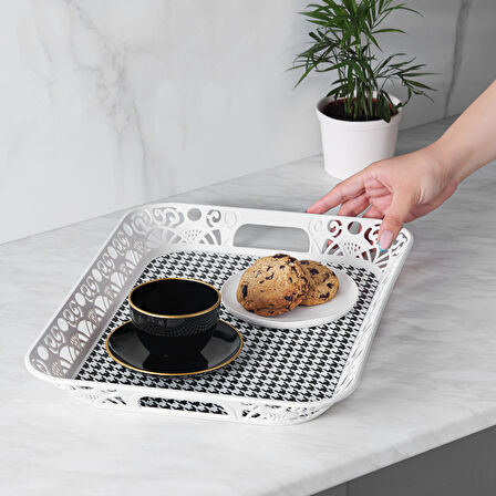 Karaca STD Roby Siyah Beyaz Dikdörtgen Tepsi 45 Cm Klasik