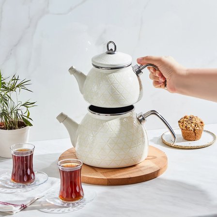 Karaca Kristal Krem İndüksiyon Tabanlı Emaye  Midi Çaydanlık Takımı 1,1L & 2,3L
