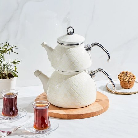 Karaca Kristal Krem İndüksiyon Tabanlı Emaye  Midi Çaydanlık Takımı 1,1L & 2,3L