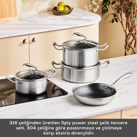 Karaca Powersteel 5Ply 316+ İndüksiyon Tabanlı 7 Parça Çelik Tencere ve Tava Seti