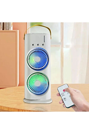 Inovaxis Buharlı Çift Pervaneli Işıklı Vantilatör Uzaktan Kumandalı Taşınabilir Şarjlı Midi Fan