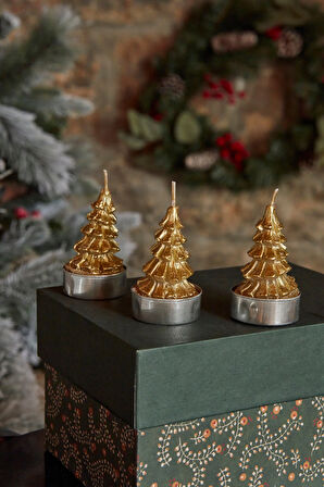 Karaca Home New Year Yılbaşı Gold Tree 3'lü Tealight Mum 3,8x3,8x7 Cm