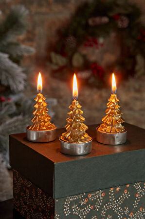Karaca Home New Year Yılbaşı Gold Tree 3'lü Tealight Mum 3,8x3,8x7 Cm