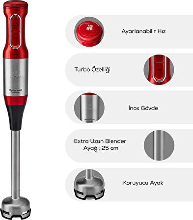 Karaca Mastermaid Prosteel Cam Mutfak Robotu Uzun Blender Ayaklı 6 Bıçaklı 2500 W Imperial Red