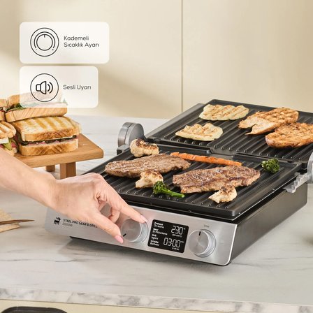 Karaca Compact Steel Pro Sear and Grill Inox 2007 Döküm Izgara ve Tost Makinesi 6 Dilim Kapasiteli