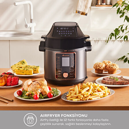 Karaca Cooker 2in1 6L Çok Amaçlı Basınçlı Pişirici Akıllı Elektrikli Düdüklü Tencere ve Airfryer Silver