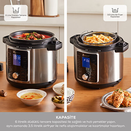 Karaca Cooker 2in1 6L Çok Amaçlı Basınçlı Pişirici Akıllı Elektrikli Düdüklü Tencere ve Airfryer Silver