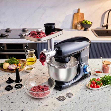 Karaca Multichef Kıyma Çekme /Sucuk-Sosis/İçli Köfte Aparatlı Hamur Yoğurma Makinesi Shiny Black 1900W 5,5L