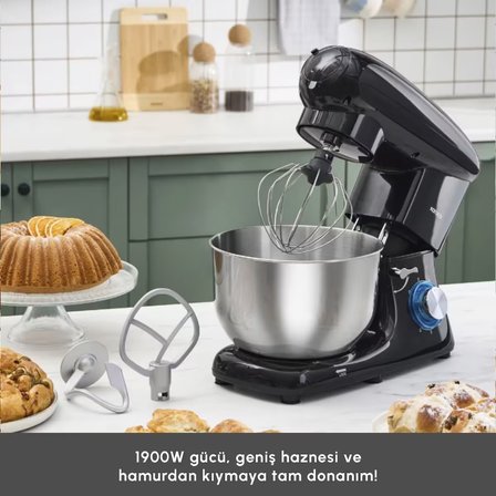 Karaca Multichef Kıyma Çekme /Sucuk-Sosis/İçli Köfte Aparatlı Hamur Yoğurma Makinesi Shiny Black 1900W 5,5L
