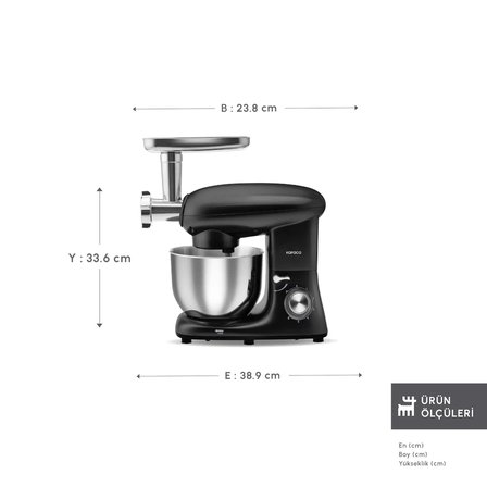 Karaca Multichef Kıyma Çekme /Sucuk-Sosis/İçli Köfte Aparatlı Hamur Yoğurma Makinesi Shiny Black 1900W 5,5L
