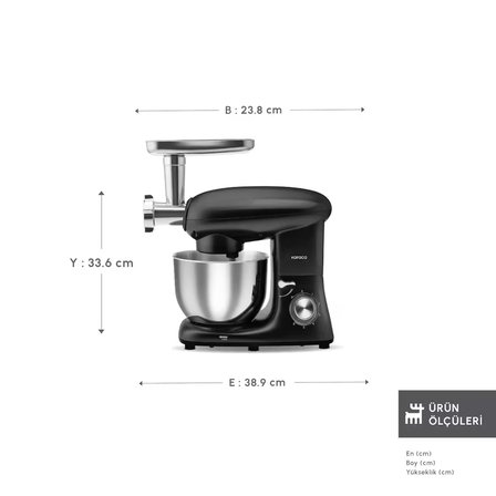 Karaca Multichef Kıyma Çekme /Sucuk-Sosis/İçli Köfte Aparatlı Hamur Yoğurma Makinesi Shiny Black 1900W 5,5L