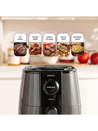 Karaca Smart Cook 60 Dakikaya Kadar Zaman Ayarlı Compact Airfryer Space Grey 2 Kişilik