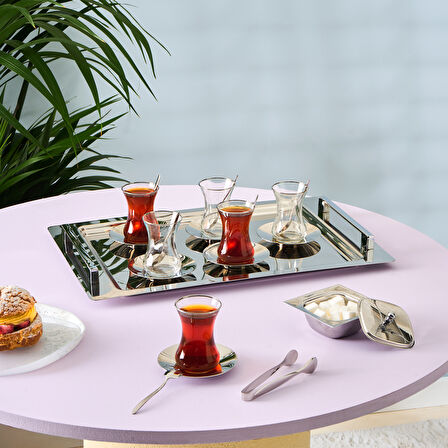 Karaca Jamie Platin Çelik Tepsili 40 Parça 12 Kişilik Çeyiz Çay Seti