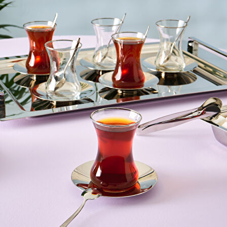 Karaca Jamie Platin Çelik Tepsili 40 Parça 12 Kişilik Çeyiz Çay Seti