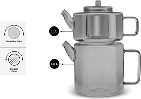 Karaca Flat Midi Borosilikat  Cam Çaydanlık Smoke Grey 1,1L & 1,8L