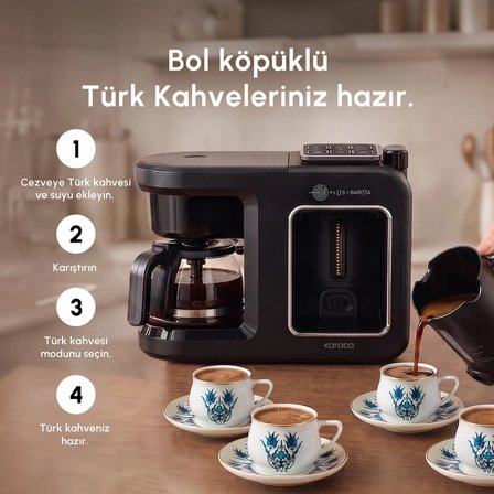 Karaca Hatır Plus Barista 6 in 1 Latte Cappuccino ve Közde Türk Kahve Makinesi Black Silver