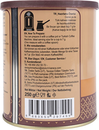 Karaca Hatır Orta Kavrulmuş Türk Kahvesi Teneke Kutu 250 gr