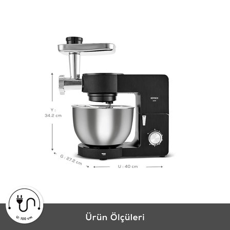 Karaca Multichef Ultra Kıyma Çekme/Sucuk-Sosis/İçli Köfte Aparatlı Hamur Yoğurma Makinesi Black 2000W 8L