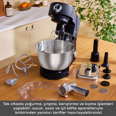 Karaca Multichef Ultra Kıyma Çekme/Sucuk-Sosis/İçli Köfte Aparatlı Hamur Yoğurma Makinesi Black 2000W 8L