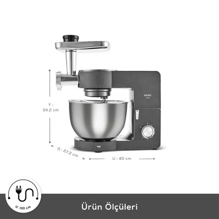 Karaca Multichef Ultra Kıyma Çekme/Sucuk-Sosis/İçli Köfte Aparatlı Hamur Yoğurma Makinesi Antrasit 2000W 8L