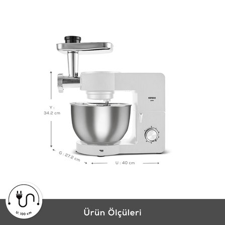 Karaca Multichef Ultra Kıyma Çekme/Sucuk-Sosis/İçli Köfte Aparatlı Hamur Yoğurma Makinesi Porcelain White 2000W 7L