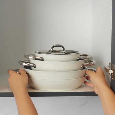 Karaca x Refika Swiss Crystal Creamy Metal Kulplu 7 Parça Tencere ve Tava Seti Krem