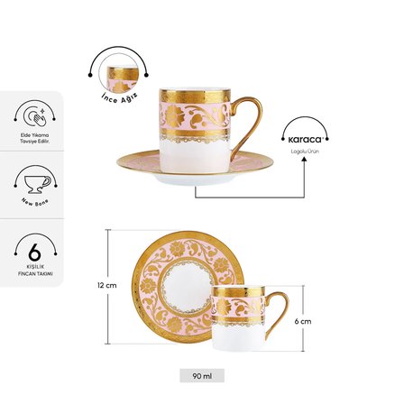Karaca Gülfem 6 Kişilik Kahve Fincan Takımı Pembe 90 ml