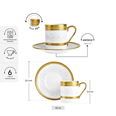 Karaca Royal Bone Charlotte 6 Kişilik Kahve Fincan Takımı 90 ml