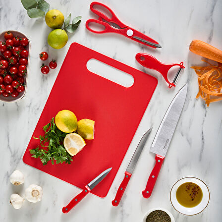 Karaca Sharp 6 Parça Kesme Tahtalı, Makaslı Bıçak Seti Kırmızı