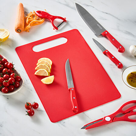 Karaca Sharp 6 Parça Kesme Tahtalı, Makaslı Bıçak Seti Kırmızı