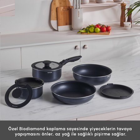 Karaca Biodiamond Smart Clip Çıkarılabilir Saplı 9 Parça Tencere ve Tava Seti