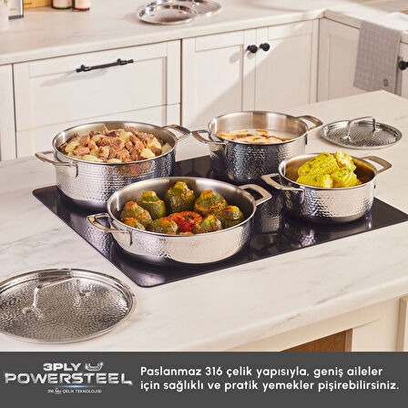 Karaca Power Steel 316+ 3Ply Voyager İndüksiyon Tabanlı 8 Parça Çelik Tencere Seti