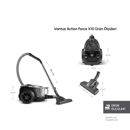 Karaca Vantuz Action Force X10 2 Lt Toz Torbasız Hazneli Elektrikli Süpürge Black 899 W