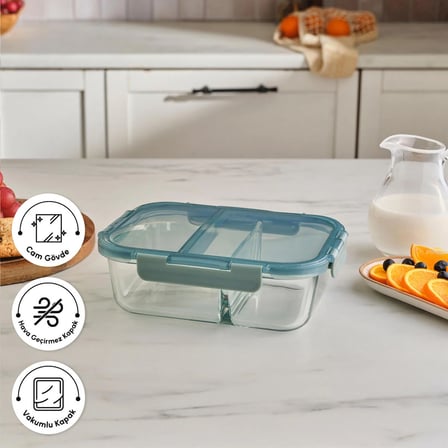 Polly Bölmeli Sızdırmaz Cam Saklama Kabı 1360 ml