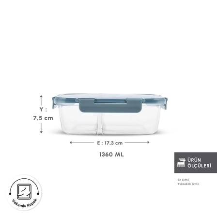 Polly Bölmeli Sızdırmaz Cam Saklama Kabı 1360 ml