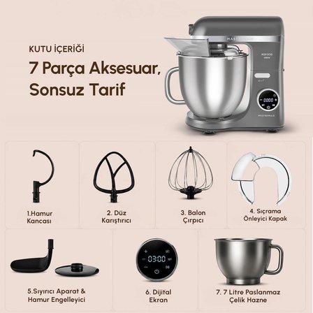 Karaca Mastermaid Chef Ultra D2000W Dijital Ekranlı Hamur Yoğurma Makinesi Galaxy Grey 7L