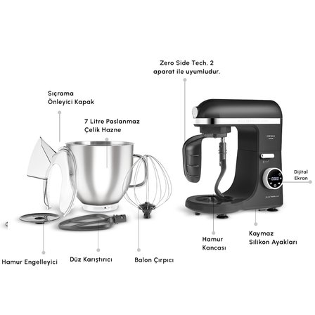 Karaca Mastermaid Chef Ultra D2000W Dijital Ekranlı Hamur Yoğurma Makinesi Matte Black 7L