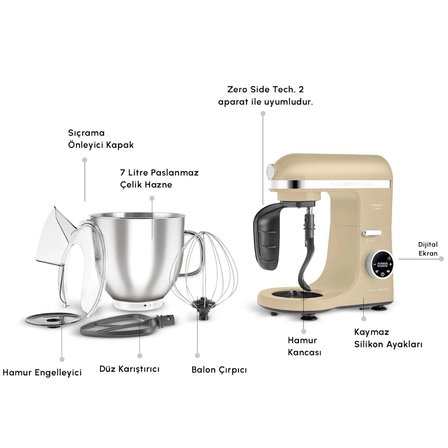 Karaca Mastermaid Chef Ultra D2000W Dijital Ekranlı Hamur Yoğurma Makinesi Mineral Gold 7L
