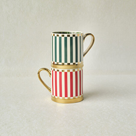 Karaca New Year Yılbaşı Kırmızı ve Yeşil Çizgili 2'li Kupa Seti 330 ml