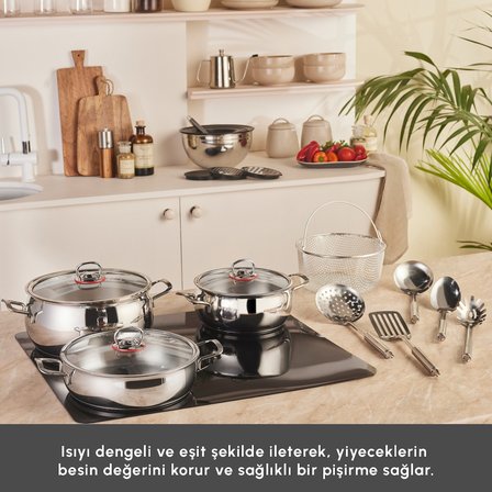 Karaca Karıştır-Pişir-Sakla 18 Parça Karıştırma Kabı ve Servis Gereçli Çelik Çeyiz Tencere Seti