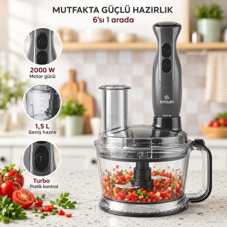 Karaca 2000 W Güçlü 6’sı 1 Arada Mutfak Robotu, 1,5 L Geniş Hazne, 800 ml Karıştırma Kabı, Buz Kırma