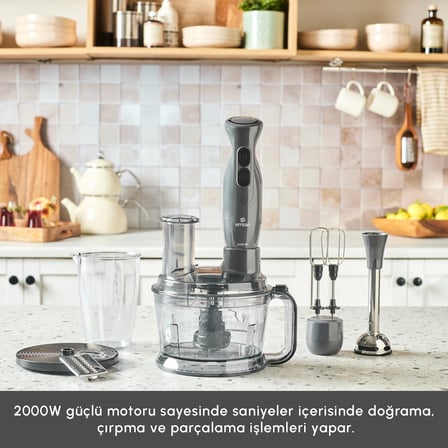 Karaca 2000 W Güçlü 6’sı 1 Arada Mutfak Robotu, 1,5 L Geniş Hazne, 800 ml Karıştırma Kabı, Buz Kırma