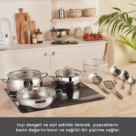 Emsan Karıştır-Pişir-Sakla 18 Parça Karıştırma Kabı ve Servis Gereçli Çelik Tencere Seti