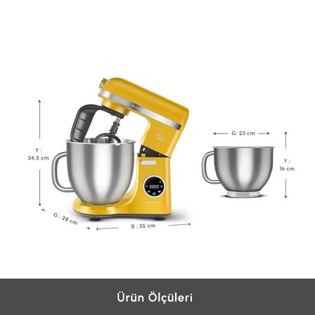 Karaca Mastermaid Chef Ultra D2000W Dijital Ekranlı Hamur Yoğurma Makinesi Pineapple Yellow 7L
