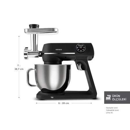 Karaca Multichef Artisan Digital Ekran Tam Döküm Kıyma Aparatlı Hamur Yoğurma Makinesi Black 1200W 7L