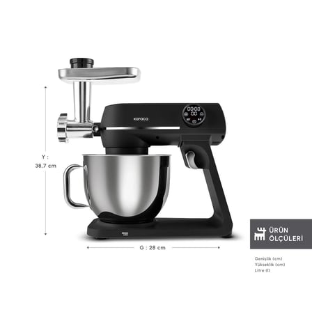 Karaca Multichef Artisan Digital Ekran Tam Döküm Kıyma Aparatlı Hamur Yoğurma Makinesi Black 1200W 7L