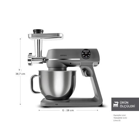 Karaca Multichef Artisan Kıyma Çekme/ Sucuk-Sosis/İçli Köfte Aparatlı Digital Ekran Tam Döküm Kıyma Aparatlı Hamur Yoğurma Makinesi Anthracite 7L