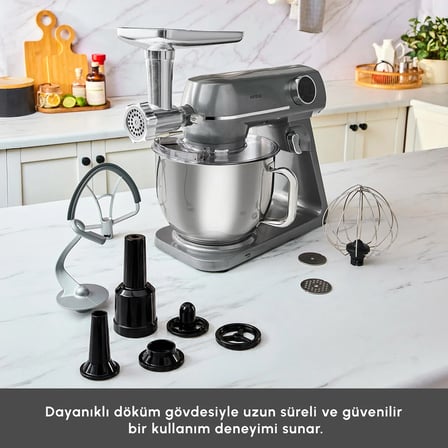 Karaca Multichef Artisan Kıyma Çekme/ Sucuk-Sosis/İçli Köfte Aparatlı Digital Ekran Tam Döküm Kıyma Aparatlı Hamur Yoğurma Makinesi Anthracite 7L